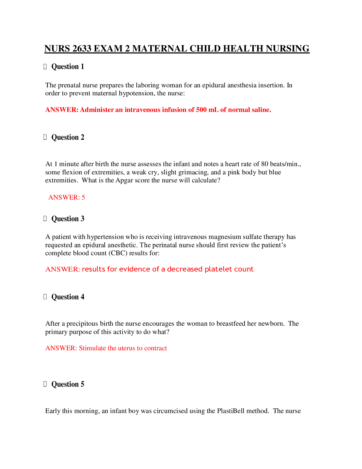 Preview image for NURS 2633 EXAM 2 MATERNAL CHILD HEALTH NURSING WITH 50 QUESTIONS AND ANSWERS VERIFIED AND RATED A+